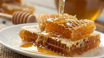 Honeycomb with golden honey drizzled over it, perfect for food bloggers and recipe enthusiasts looking for high-quality images to enhance their content on natural sweeteners and healthy honeycomb photo