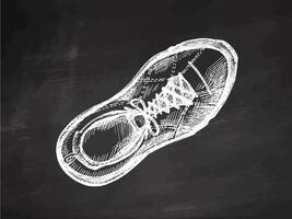 Hand drawn vintage sketch of hiking boot in white chalk style on chalkboard background vector