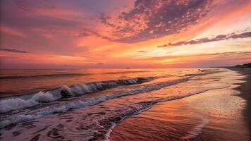 puesta de sol playa escena con vibrante colores y sereno olas para viaje entusiastas y naturaleza amantes buscando pacífico costero puntos de vista Oceano foto