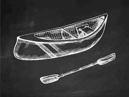 Hand drawn vintage sketch of wooden canoe and paddle in white chalk style on chalkboard background vector