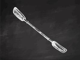 Hand drawn vintage sketch of kayak paddle in white chalk style on chalkboard background vector