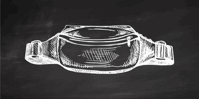 Hand drawn vintage sketch of waist belt bag in white chalk style on chalkboard background vector