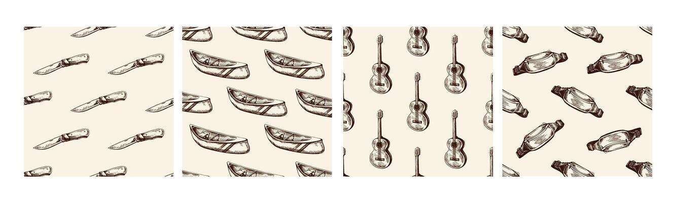 Hand drawn vintage seamless pattern set of rustic camping gear, including folding knives, canoes with paddles, coiled ropes and waist bags, outdoor exploration sketch collection