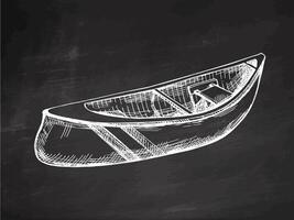 Hand drawn vintage sketch of wooden canoe boat in white chalk style on chalkboard background vector