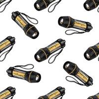 Hand-drawn colored vintage seamless pattern with sketch of camping flashlight vector