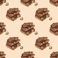 Hand drawn vintage seamless pattern of chocolate nougat chunks in colored sketch style vector