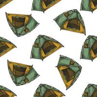 Hand-drawn colored vintage seamless pattern with sketch of camping tent vector