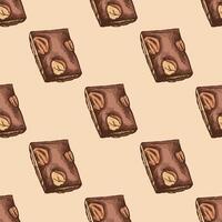 Hand drawn colored seamless pattern of chocolate nougat pieces sketch, vintage style vector