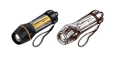 Hand drawn colored and black vintage sketch of camping flashlight with strap vector