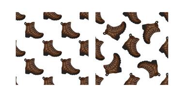Colored seamless pattern set with hand drawn hiking boots in vintage engraved style vector