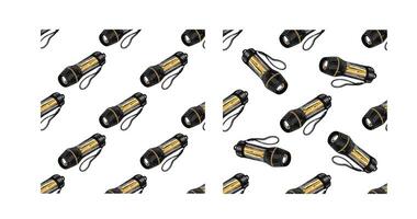 Hand drawn colored vintage seamless pattern set with sketch of camping flashlight vector