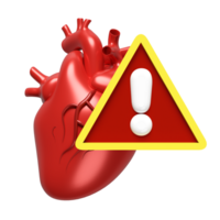 3d exclamation mark with realistic human heart isolated. danger warning concept, 3d illustration render png