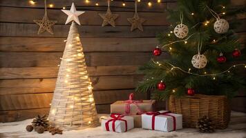 Rustic Christmas Scene with Illuminated Trees and Gifts photo