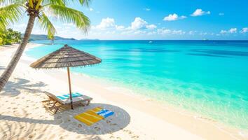 Sunny beach with palm trees, crystal-clear turquoise water, beach umbrella and towel, bright and cheerful summer vibes, clean composition, hello summer photo
