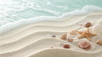 Seashells and starfish decorate the sandy beach under the summer sun, Summer beach scene with ocean waves photo