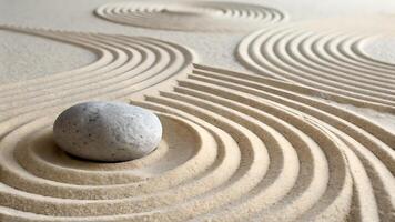 Serene Zen Garden with Single Stone and Concentric Circles in Smooth Sand photo