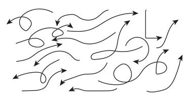 Curved and wavy arrow set in hand drawn look including simple doodle and scribble pointer icons vector