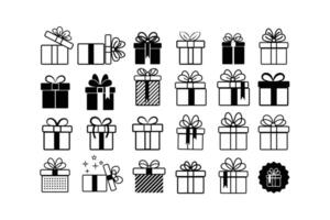 Gift boxes with ribbon icons Set in black color. Gift box icons in Trendy Flat style. Surprising gift boxes, Gift wrapping simple black symbols signs editable stock for apps and websites. vector