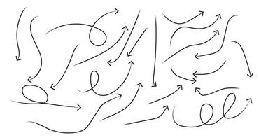 Collection of hand drawn arrows including spirals loops curves and simple line icons on white background vector