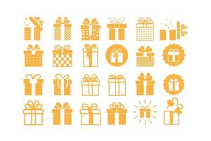 Present gift box icon Collection of flat thin outline isolated on white background. Present gift box tied, open, and sparkle icon. vector