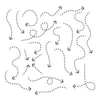 Set of hand drawn thin dash line arrows. Collection of curved pointers. Black dot pointers pointing in different directions. Simple design elements of signpost showing confusing complex path. vector