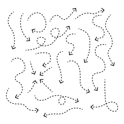 Set of hand drawn thin dash line arrows. Collection of curved pointers. Black dot pointers pointing in different directions. Simple design elements of signpost showing confusing complex path.