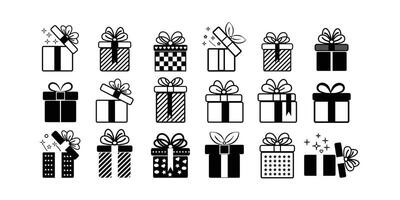 Present gift box icon in black Collection of flat thin outline isolated on white background. vector
