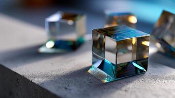 Transparent glass cubes with embedded digital code reflecting colorful light on a concrete surface photo