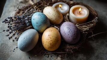 Speckled Easter eggs in earthy tones with candles and dried lavender in a rustic spa arrangement photo