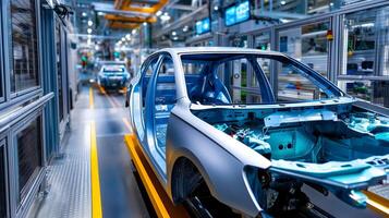 A silver car body on an automated assembly line in a high-tech factory with robotic arms in the background photo