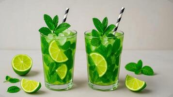 Two glasses of mojito with lime slices, fresh mint leaves and crushed ice on a white background photo
