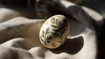 Hand-decorated Easter egg with pressed leaves and floral imprints resting on soft natural linen in warm sunlight photo