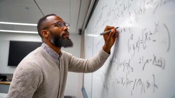 Math instructor writing complex mathematical equations on a whiteboard in a classroom photo