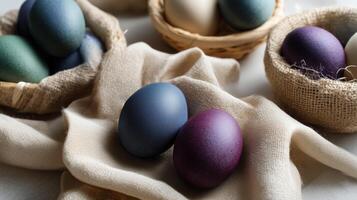 Blue and purple naturally dyed Easter eggs on soft fabric with rustic baskets in gentle daylight photo