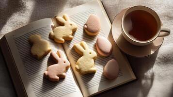 Bunny and egg shaped Easter cookies on an open book next to a cup of tea in soft sunlight photo