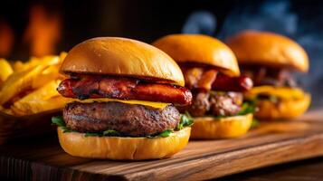 Close-up of three bacon cheeseburgers with melted cheese, grilled bacon, lettuce, and a side of fries photo