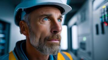 Close-up of an engineer wearing a helmet, looking thoughtfully at electrical equipment in a control room photo