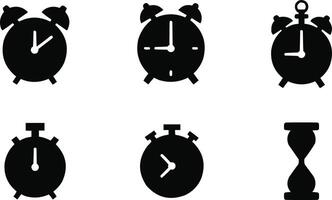 A set of black silhouettes showcasing different types of clocks vector