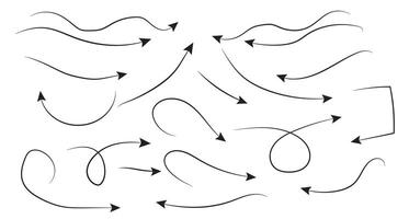 Set of hand drawn thin dash line arrows. Hand drawn curved doodle chalk arrows collection. Collection of curved pointers black dot. vector