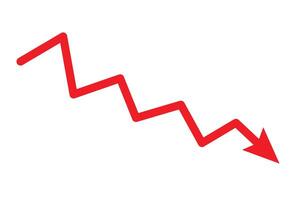 Red arrow pointing down, falling concept of loss market crash, falling red arrow vector