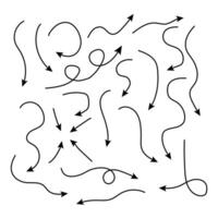 Hand drawn arrow doodles and scribbles in brush, pencil, and marker style. Sketch like lines circles and down arrows. vector