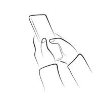 smartphone in hand illustration hand drawn with black lines isolated on white background. vector