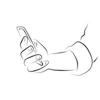closeup hand holding smartphone illustration hand drawn with black lines isolated on white background. vector