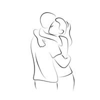 Women and men hugging each other illustration hand drawn with black lines isolated on white background. vector