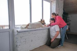 a couple petting their dog on window sill photo