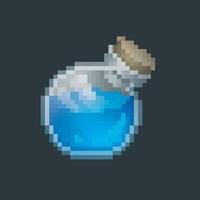 blue potion round bottomed bottle in pixel art style with isolated background vector
