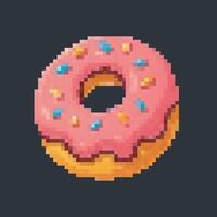 strawberry doughnut in pixel art style with isolated background vector