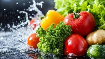 Fresh Vegetables in a Shopping Bag with Water Splash photo
