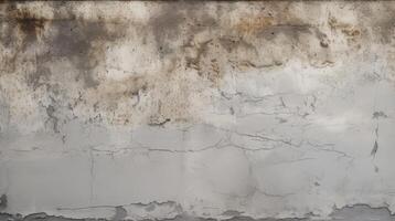 Detailed close-up of a cracked and peeling wall texture revealing faded paint and rough surface characteristics. photo
