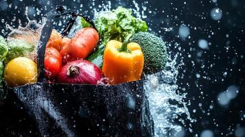 Vibrant Wet Vegetables in a Dark Shopping Tote photo